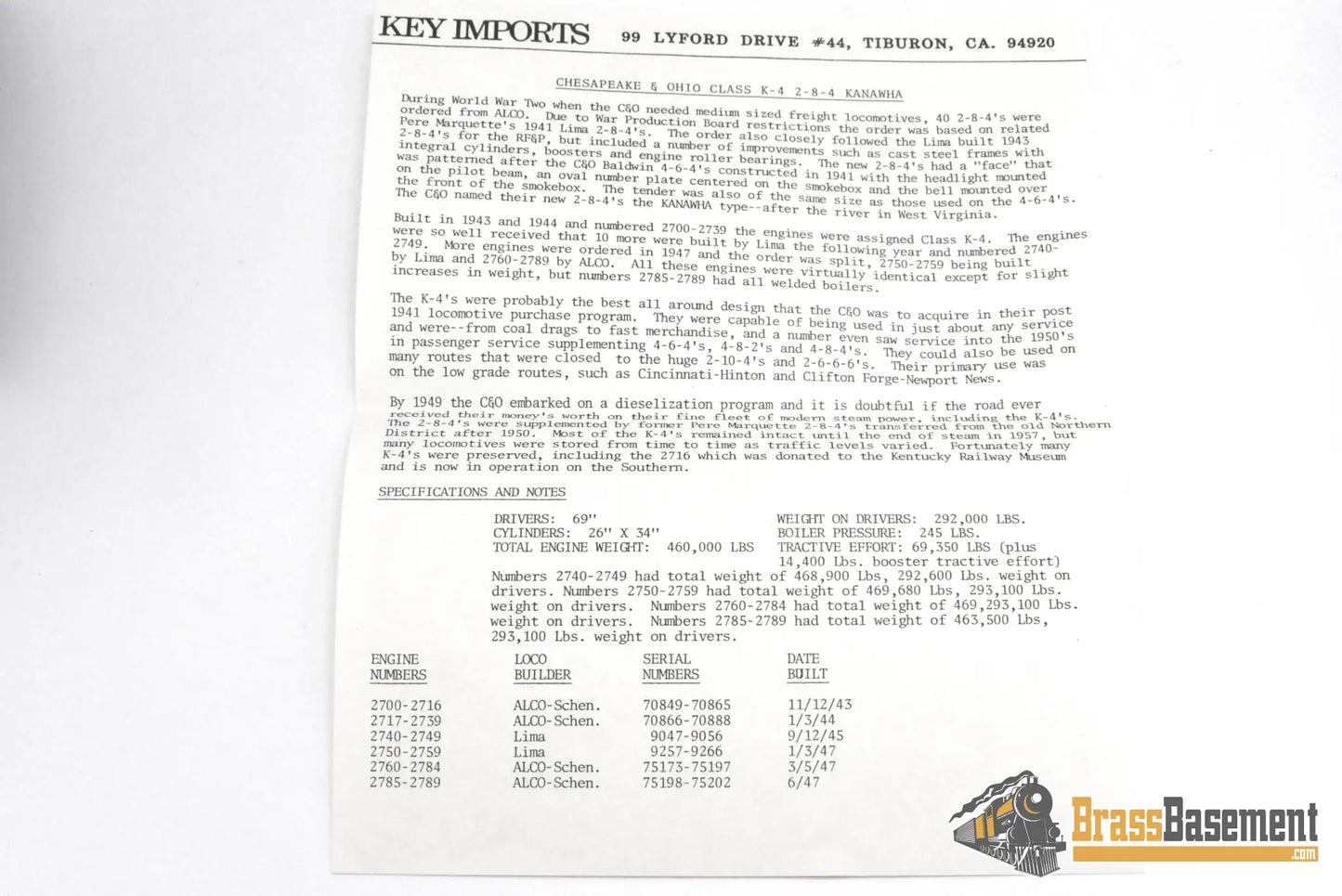 HO Brass - Key Imports Chesapeake & Ohio K-4 2-8-4 Berkshire - Unpainted Mint - Steam