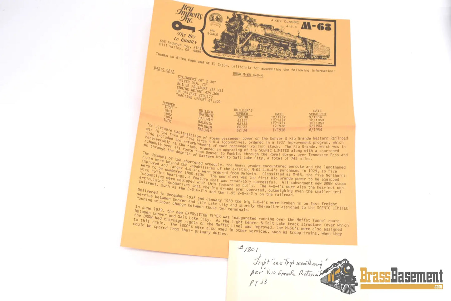 Ho Brass - Key Imports D&Rgw Rio Grande M - 68 4 - 8 - 4 Northern #1801 Custom Paint Nice Steam