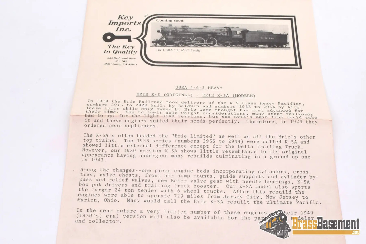 Ho Brass - Key Imports Erie Pacific #2915 (Usra Original Configuration) Unpainted Steam