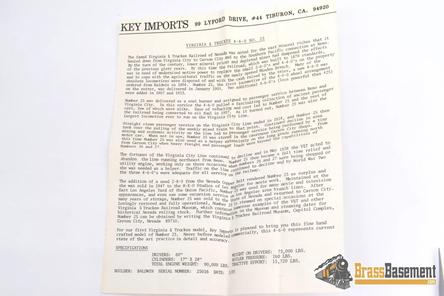 Ho Brass - Key Imports Virginia & Truckee V&T #25 4 - 6 - 0 Ten - Wheeler Unpainted Steam