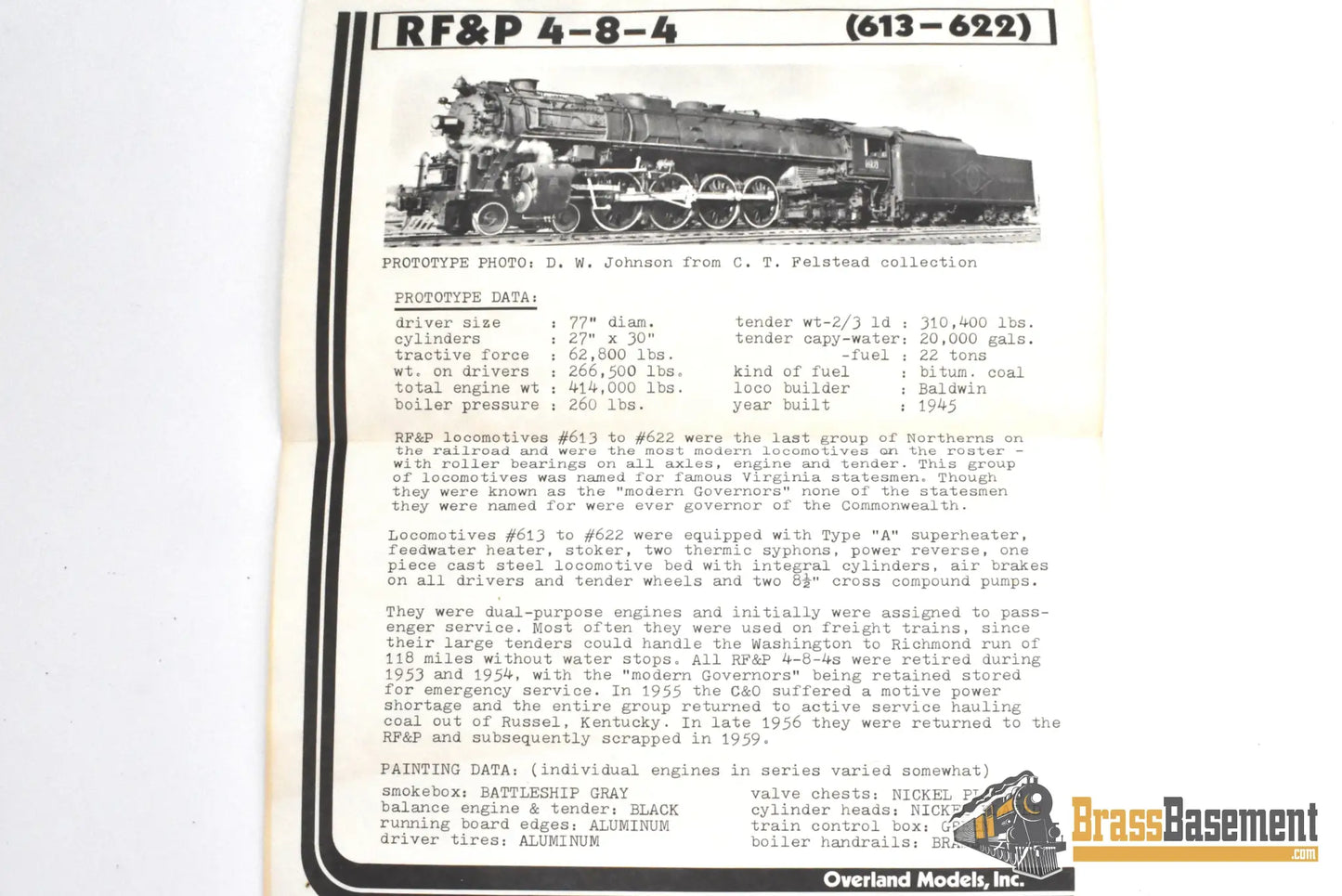 HO Brass - OMI RF&P Richmond Fredericksburg & Potomac 4-8-4 #620 ’George Wythe’ - C/P - Steam