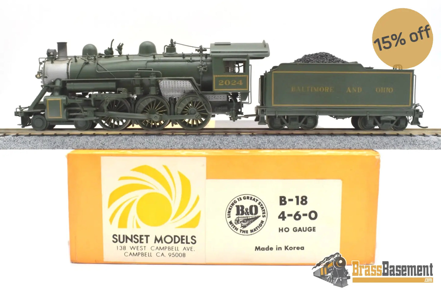 Ho Brass - Sunset B&O Baltimore & Ohio B-18 4-6-0 #2024 Custom Painted Green Steam