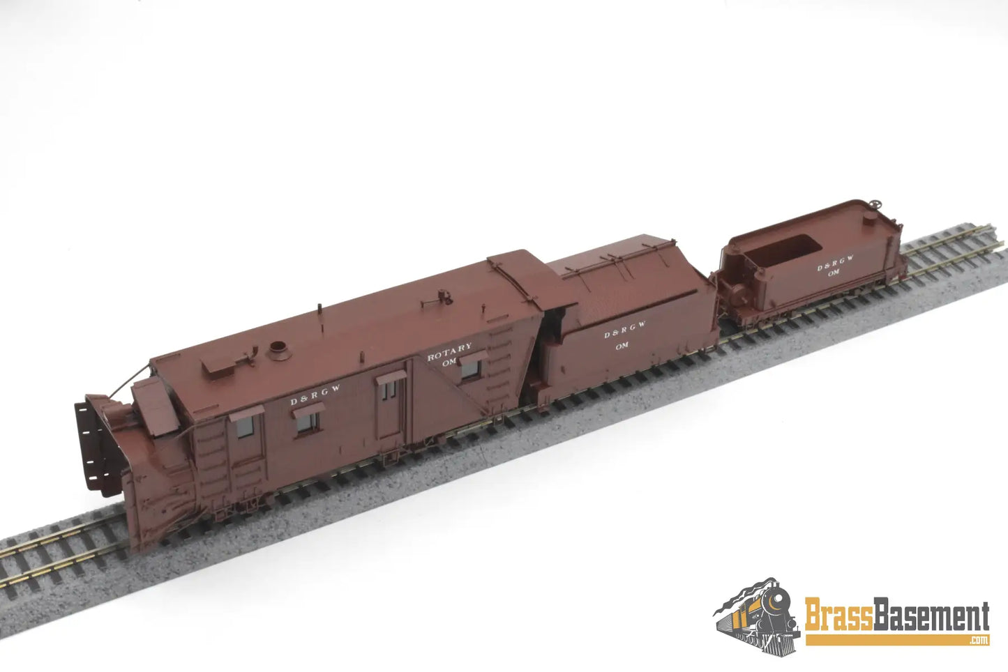 HOn3 Brass - OMI 1355.1 DRGW Rio Grande Rotary Snow Plow ‘OM’ w/ aux tender - F/P Boxcar Red Freight