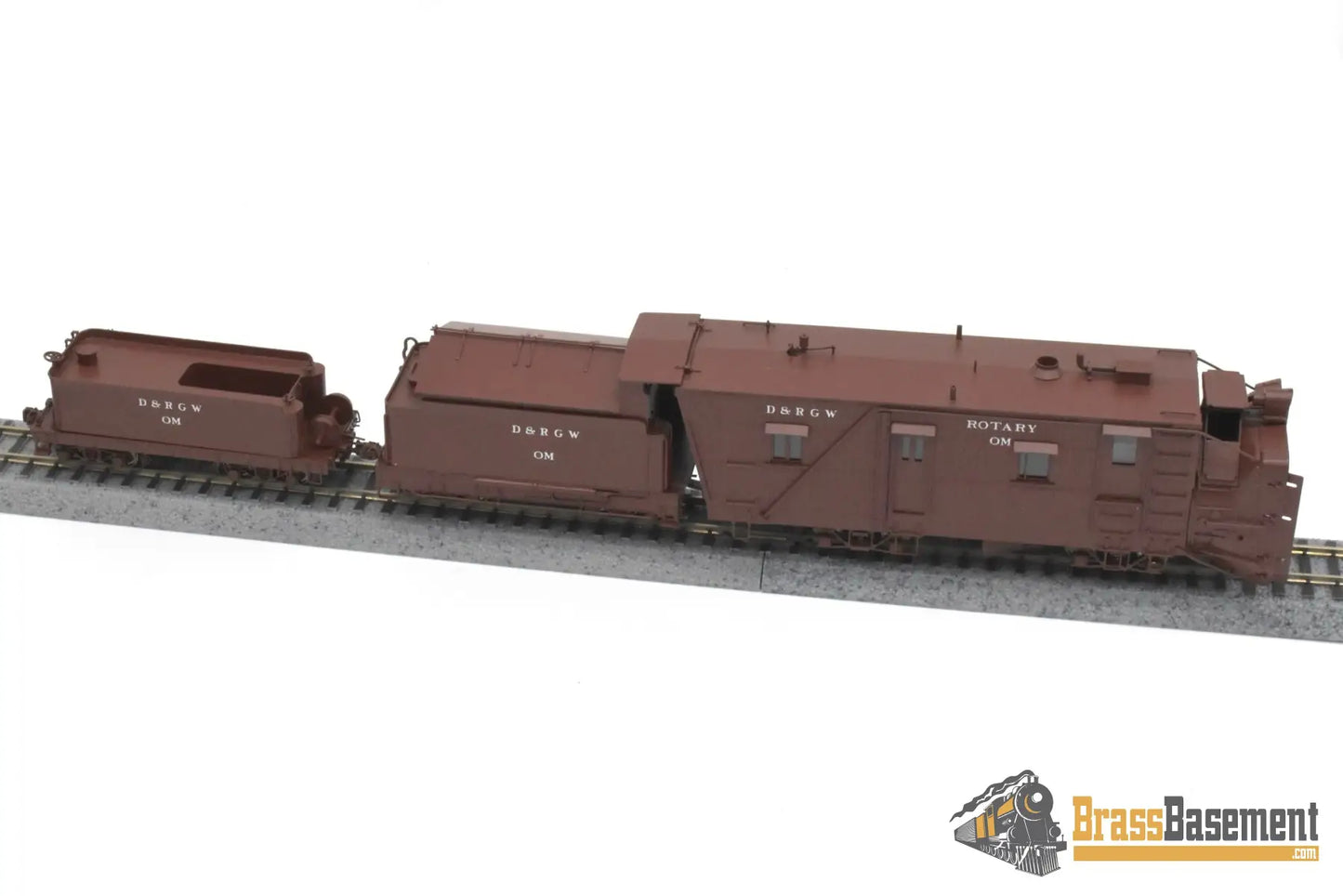 HOn3 Brass - OMI 1355.1 DRGW Rio Grande Rotary Snow Plow ‘OM’ w/ aux tender - F/P Boxcar Red Freight