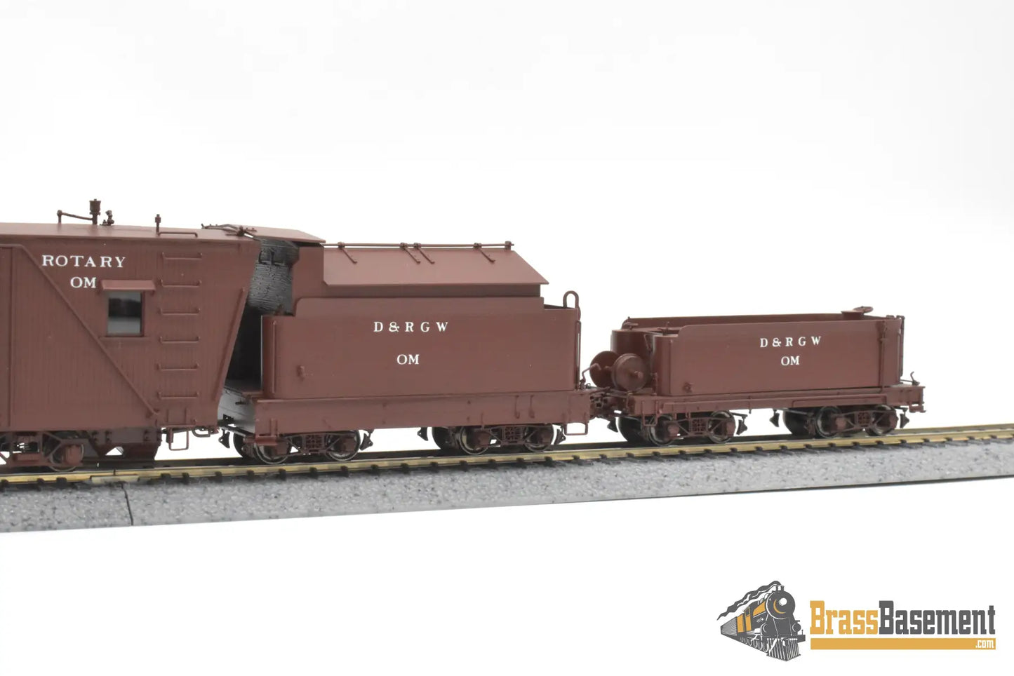 HOn3 Brass - OMI 1355.1 DRGW Rio Grande Rotary Snow Plow ‘OM’ w/ aux tender - F/P Boxcar Red Freight