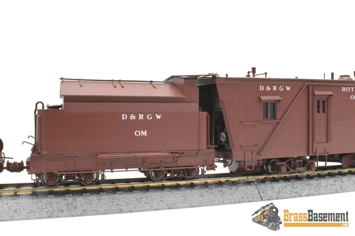 HOn3 Brass - OMI 1355.1 DRGW Rio Grande Rotary Snow Plow ‘OM’ w/ aux tender - F/P Boxcar Red Freight
