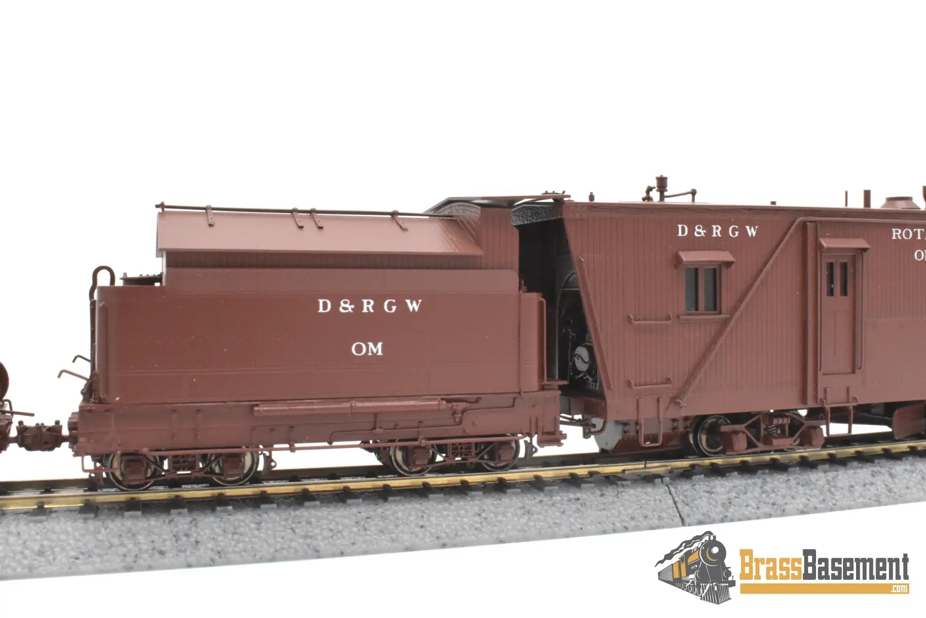 HOn3 Brass - OMI 1355.1 DRGW Rio Grande Rotary Snow Plow ‘OM’ w/ aux tender - F/P Boxcar Red Freight