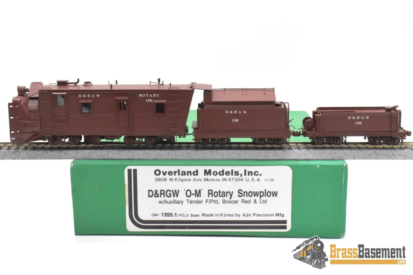 HOn3 Brass - OMI 1355.1 DRGW Rio Grande Rotary Snow Plow ‘OM’ w/ aux tender - F/P Boxcar Red Freight