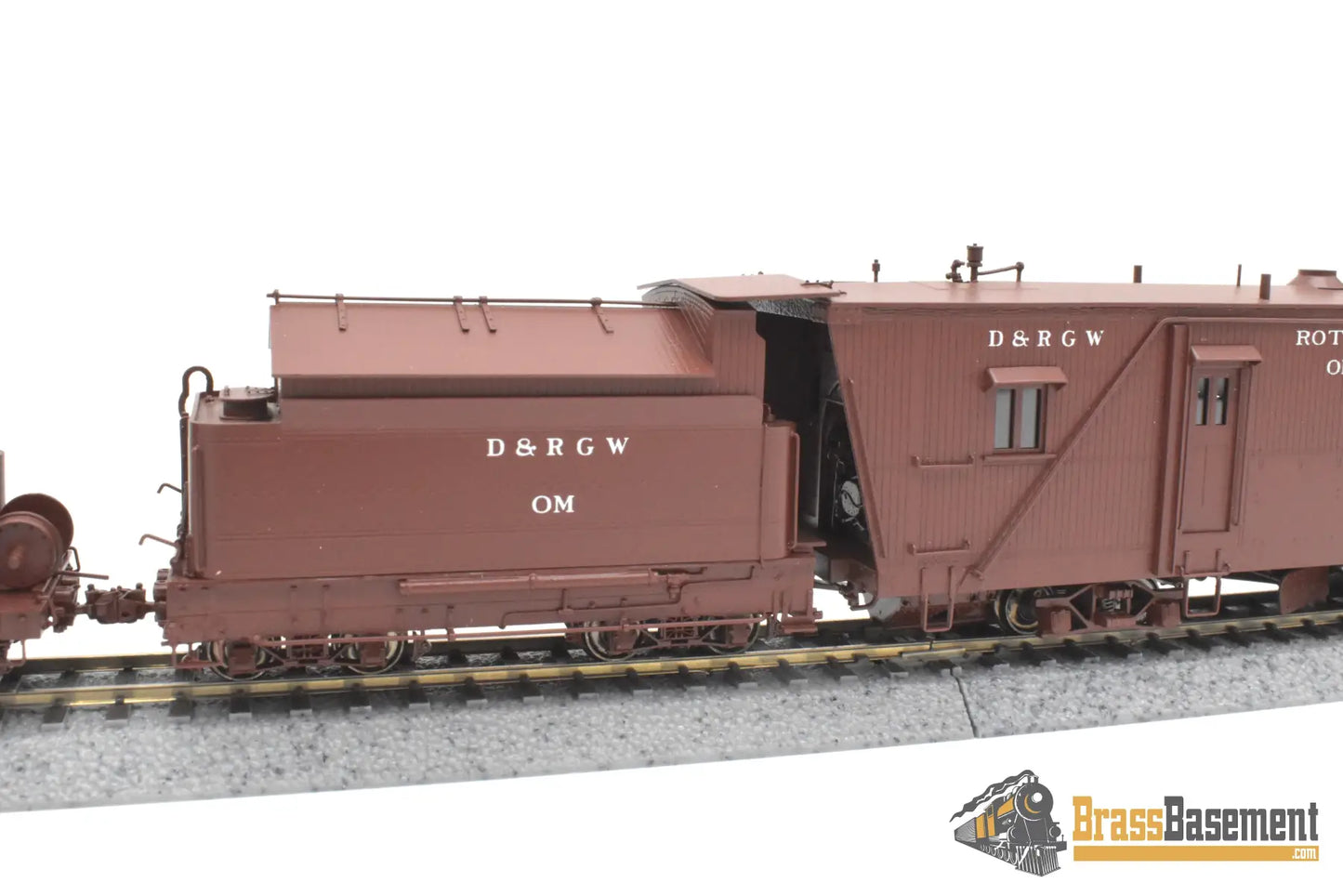 HOn3 Brass - OMI 1355.1 DRGW Rio Grande Rotary Snow Plow ‘OM’ w/ aux tender - F/P Boxcar Red Freight