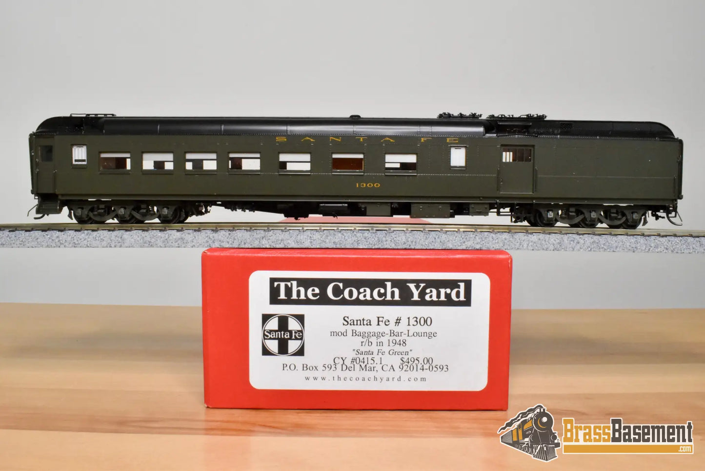 HO Brass - Coach Yard 0415.1 Santa Fe ATSF #1300 Baggage-Bar-Lounge - 1948 SF Green - Passenger