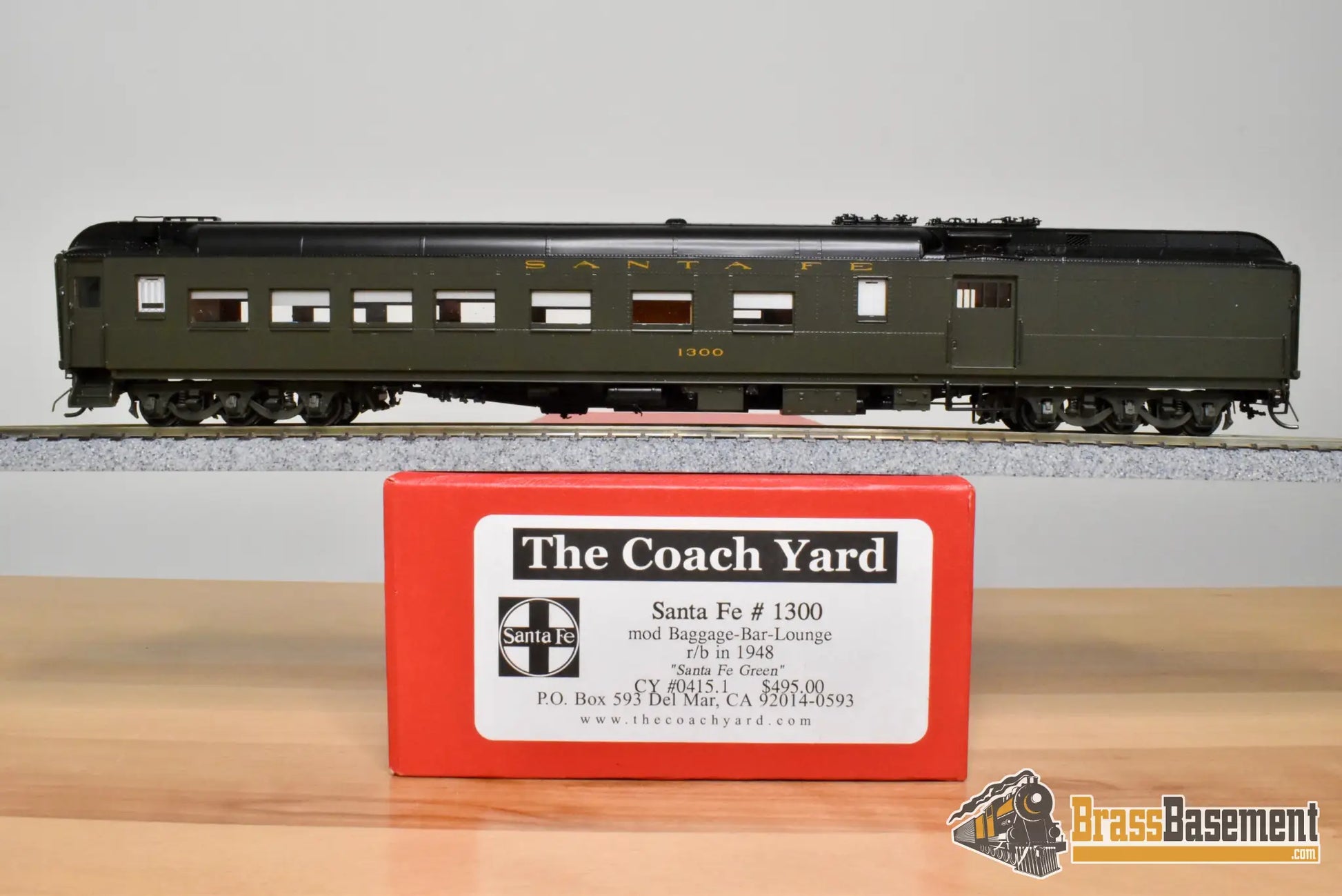 HO Brass - Coach Yard 0415.1 Santa Fe ATSF #1300 Baggage-Bar-Lounge - 1948 SF Green - Passenger