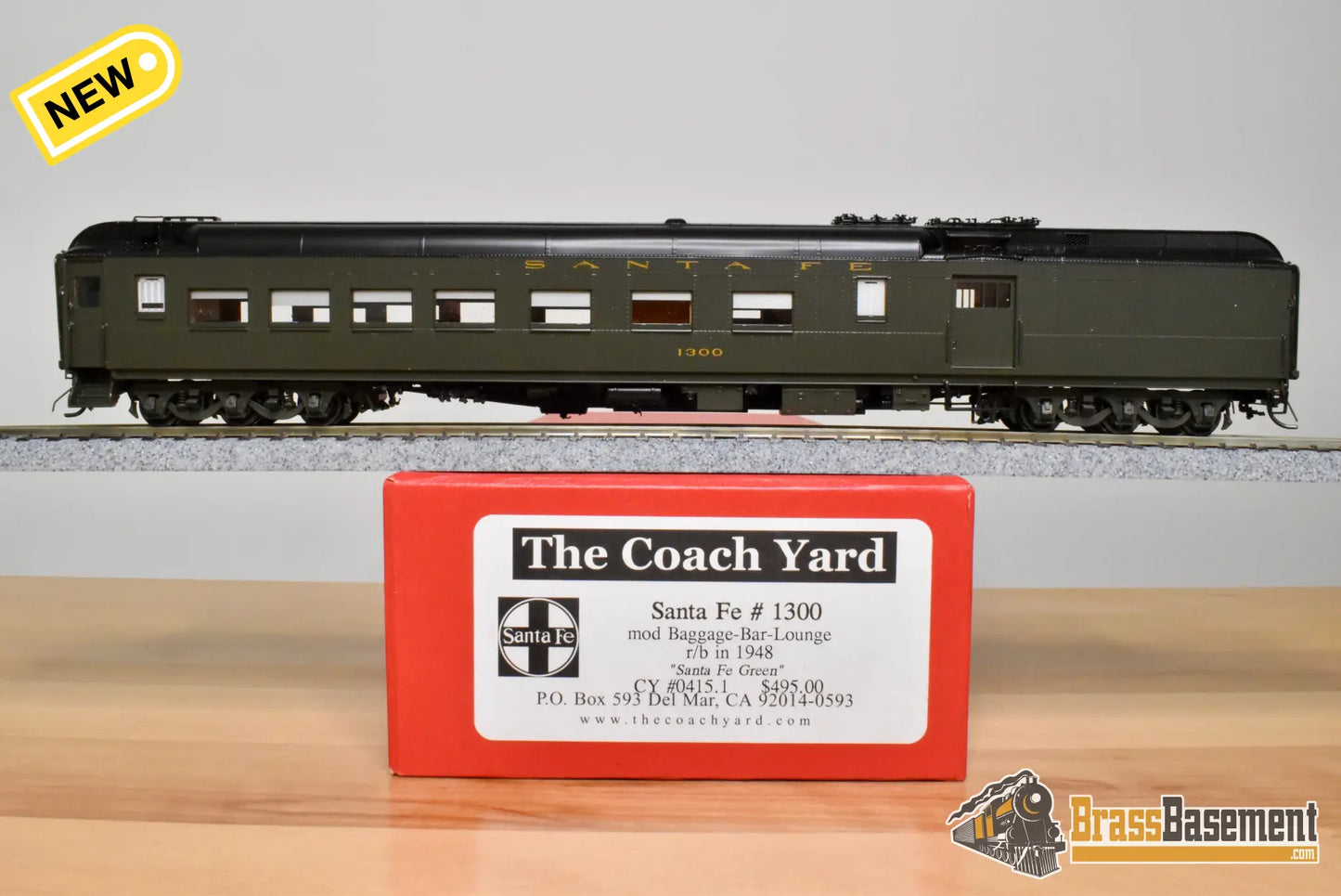 HO Brass - Coach Yard 0415.1 Santa Fe ATSF #1300 Baggage-Bar-Lounge - 1948 SF Green - Passenger