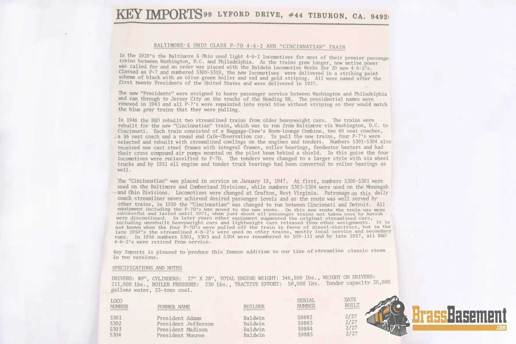 Ho Brass - Key Imports Baltimore & Ohio B&O P - 7D 4 - 6 - 2 #5302 All Box Pox Cs #22 F/P Wrong