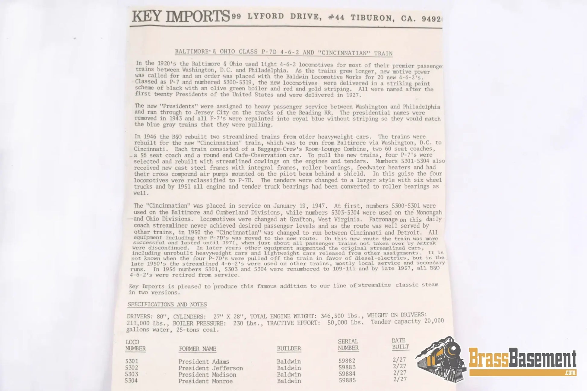 Ho Brass - Key Imports Baltimore & Ohio B&O P - 7D 4 - 6 - 2 #5302 All Box Pox Cs #22 F/P Wrong