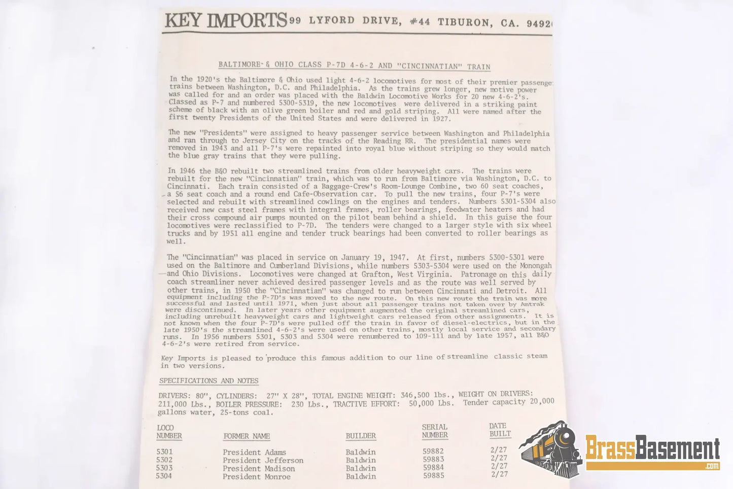 Ho Brass - Key Imports Baltimore & Ohio B&O P - 7D 4 - 6 - 2 #5302 All Box Pox Cs #22 F/P Wrong