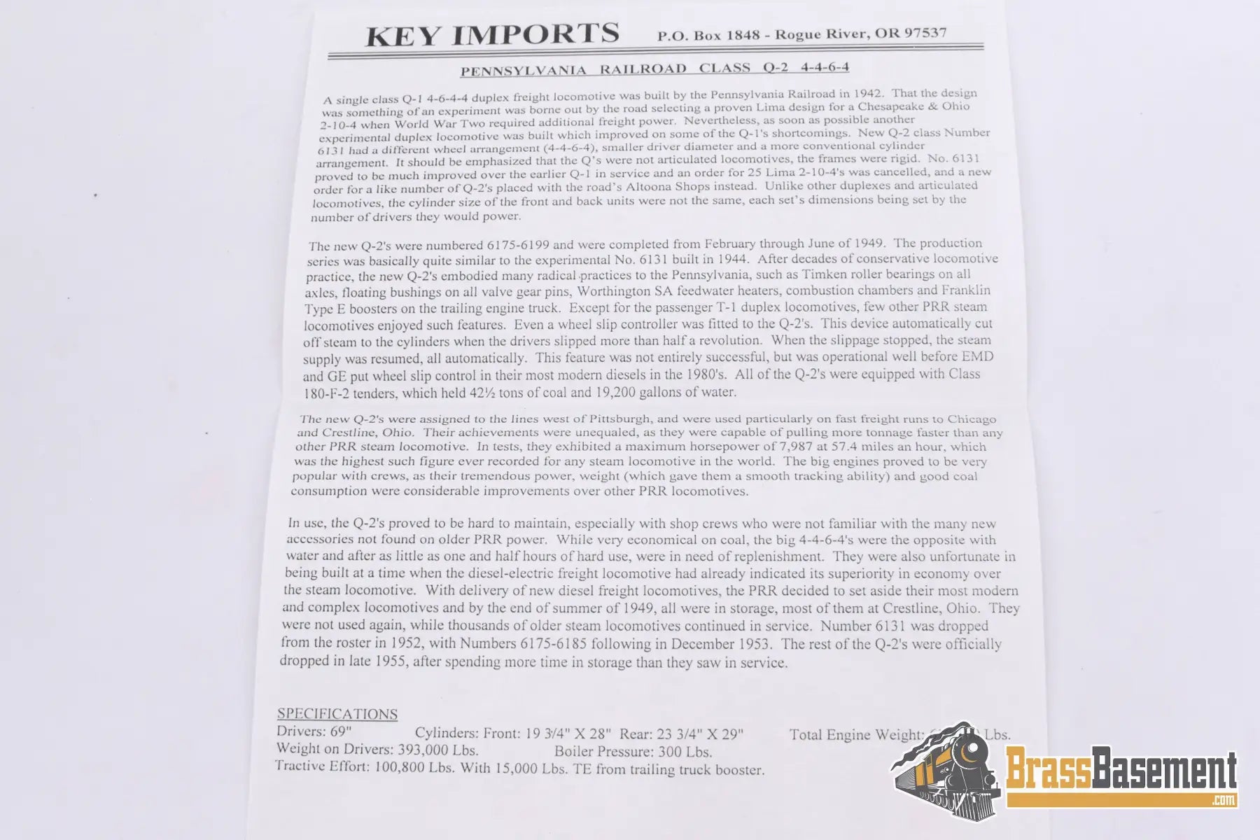 Ho Brass - Key Imports Benchmark Pennsylvania Rr Prr Q - 2 4 - 4 - 6 - 4 #6131 Fp Mint Steam