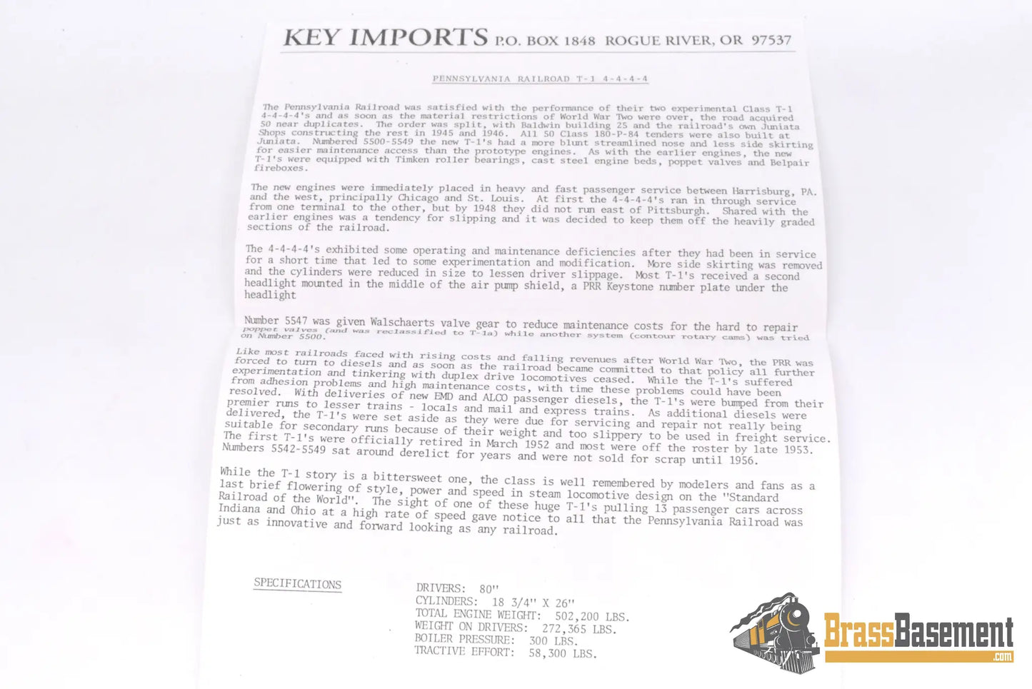 Ho Brass - Key Imports C/S #119 Pennsylvania Rr Prr T1 4 - 4 - 4 - 4 #5539 - F/P Mint Steam
