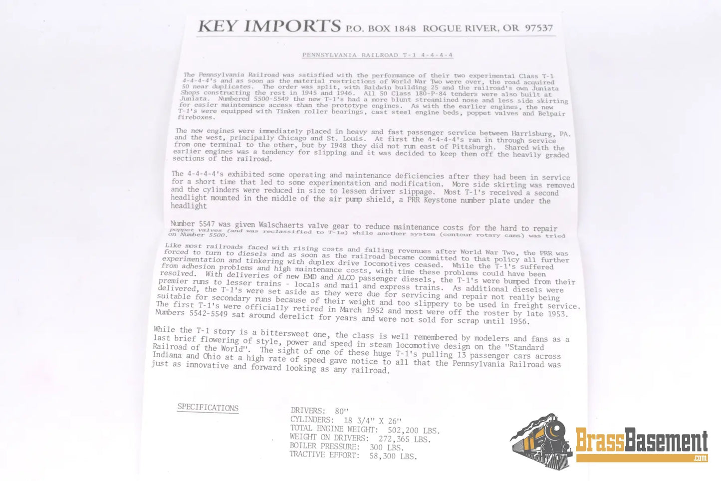 Ho Brass - Key Imports C/S #119 Pennsylvania Rr Prr T1 4 - 4 - 4 - 4 #5539 - F/P Mint Steam