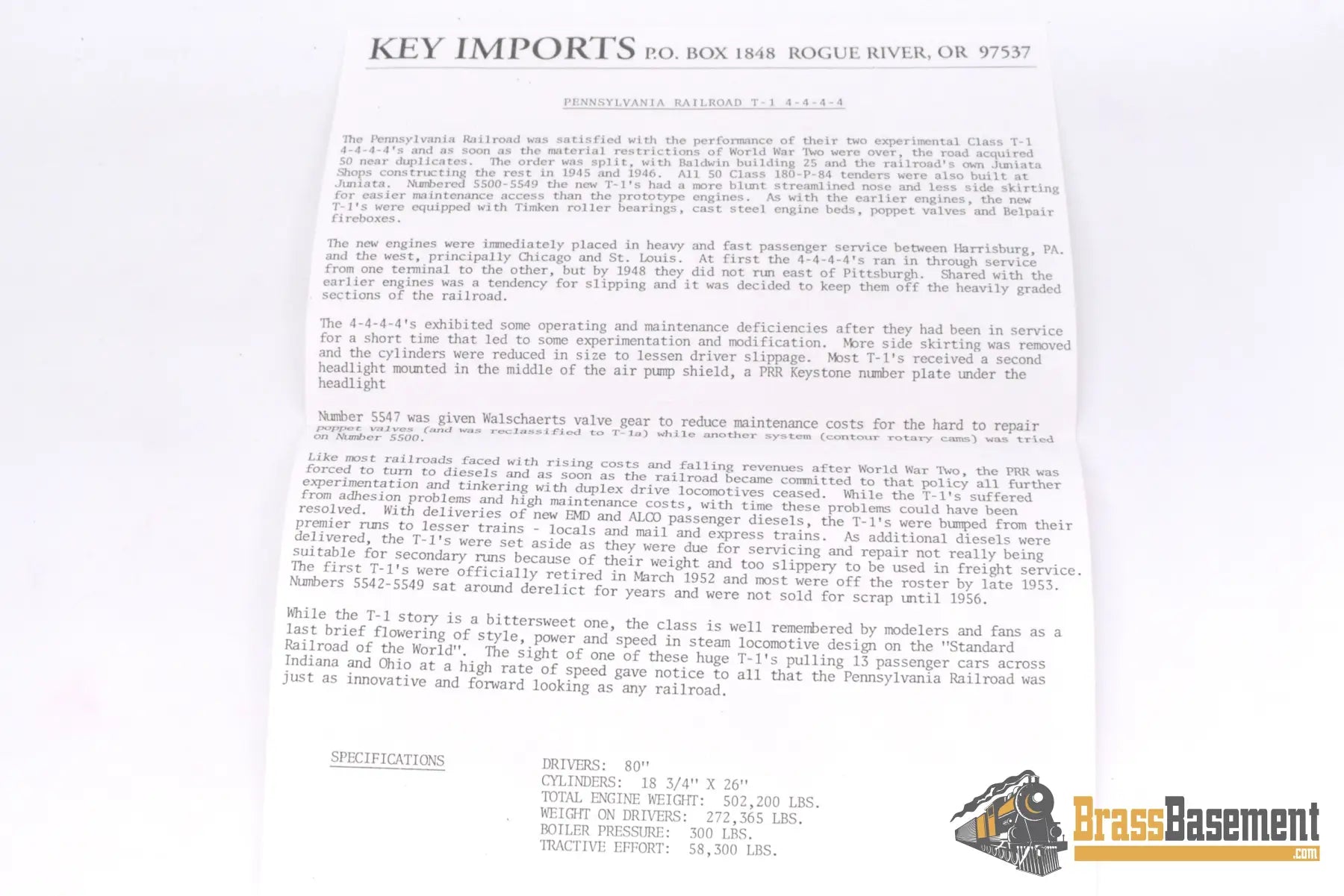 Ho Brass - Key Imports C/S #119 Pennsylvania Rr Prr T1 4 - 4 - 4 - 4 #5539 - F/P Mint Steam