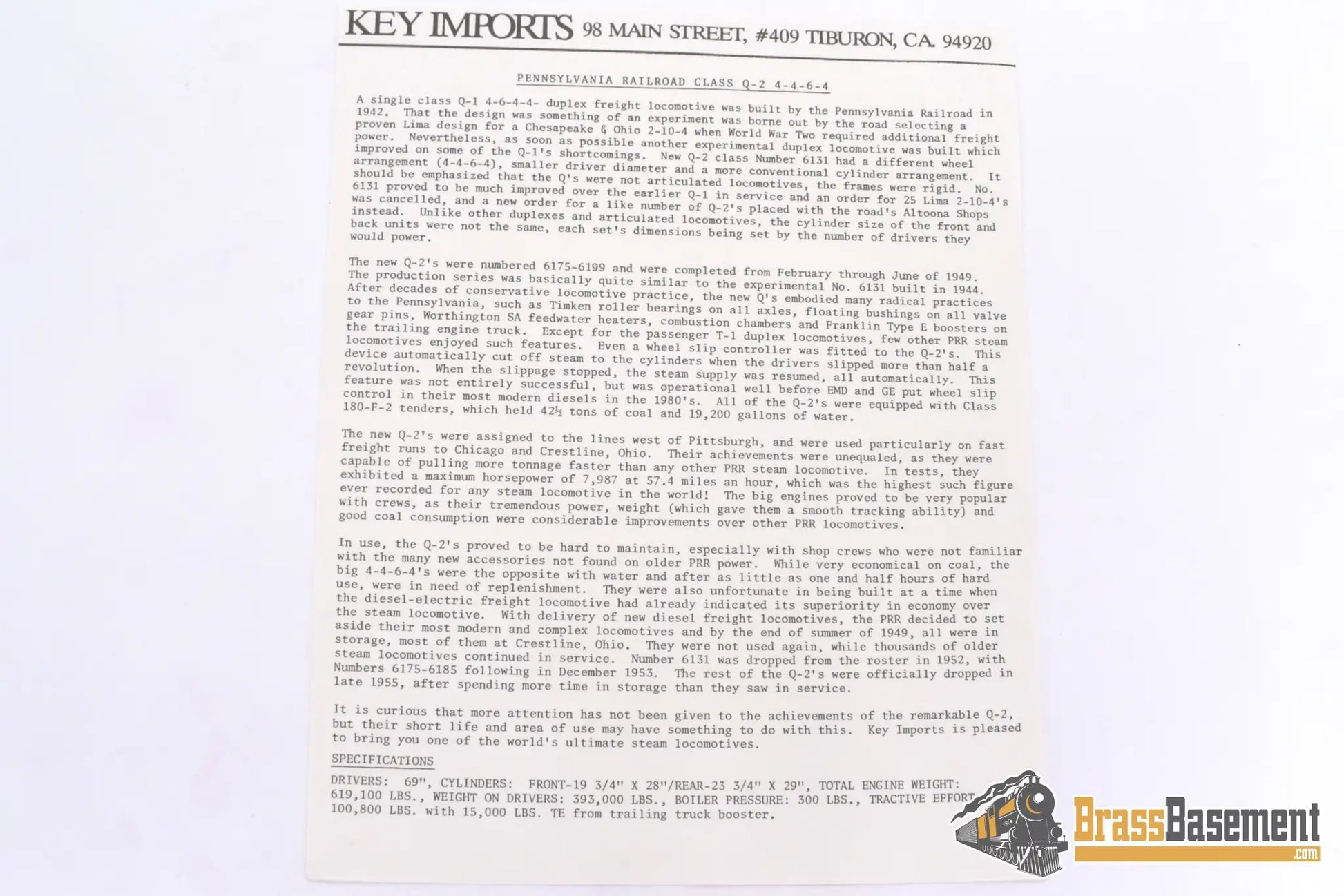 Ho Brass - Key Imports Cs 88 Pennsylvania Rr Prr Q - 2 4 - 4 - 6 - 4 #6175 Fp Mint Steam