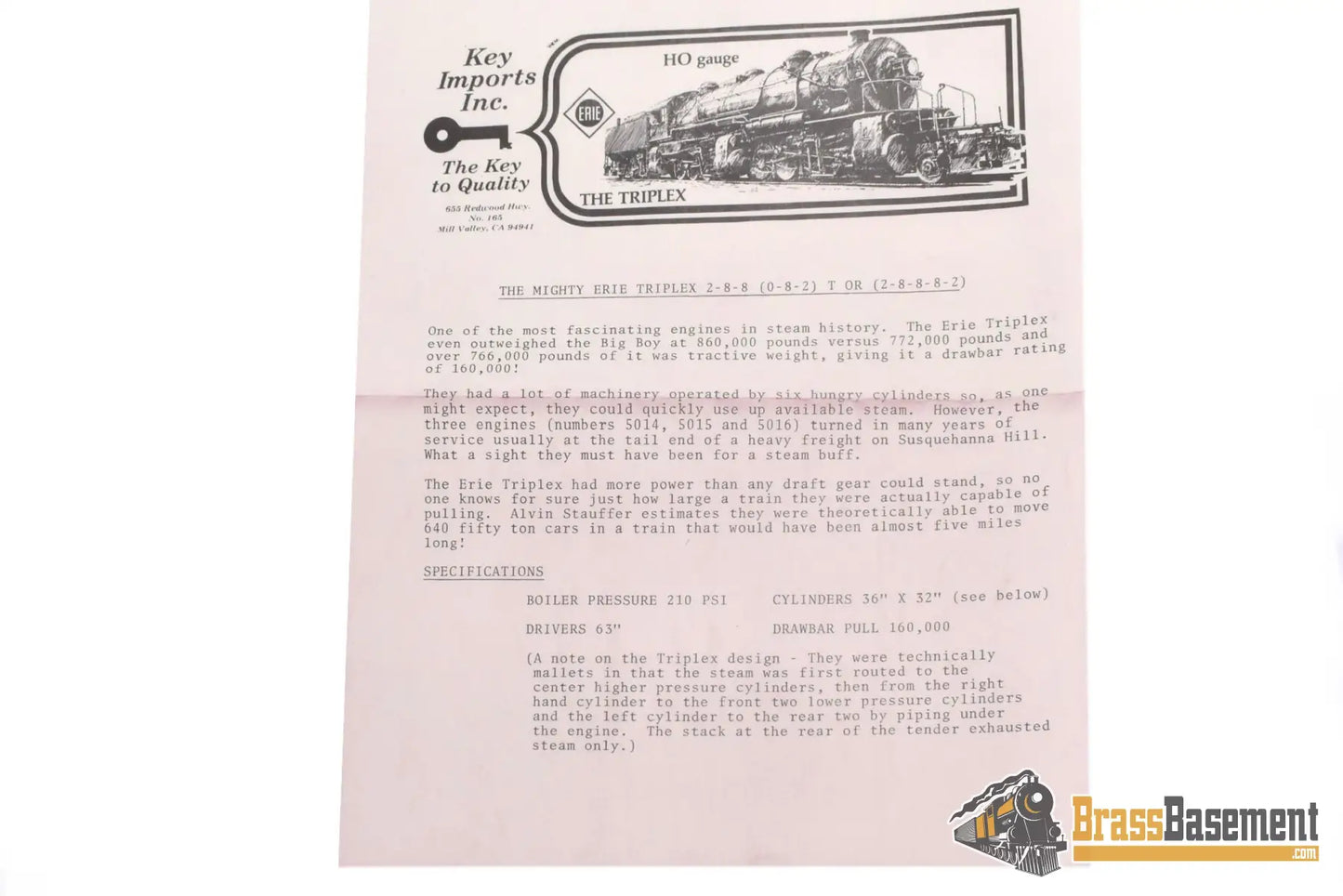 Ho Brass - Key Imports Erie Triplex #5016 2 - 8 - 8 - 8 - 2 1980 Run Unpainted Steam