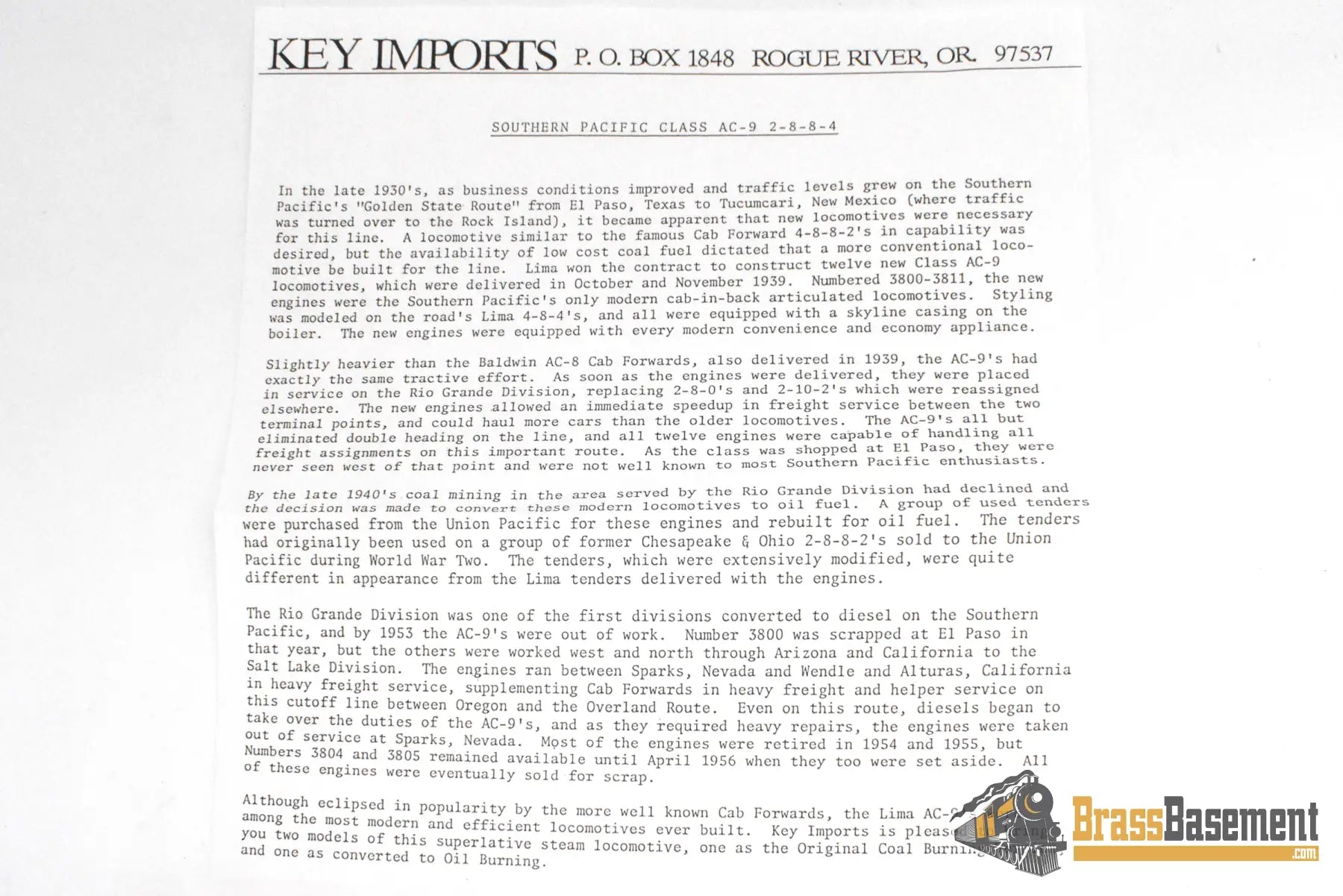 HO Brass – Key Imports SP Southern Pacific AC-9 2-8-8-4 #3811 – Oil – F/P – Mint Steam Locomotive