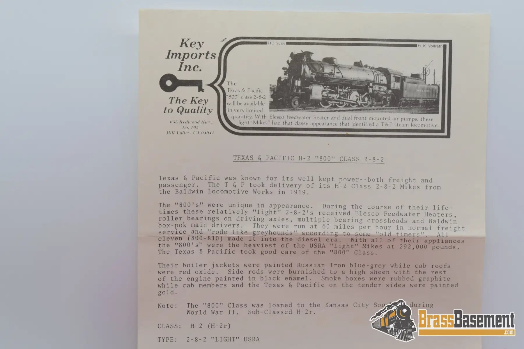 Ho Brass - Key Imports Texas & Pacific 2 - 8 - 2 H - 2R Custom Painted Steam