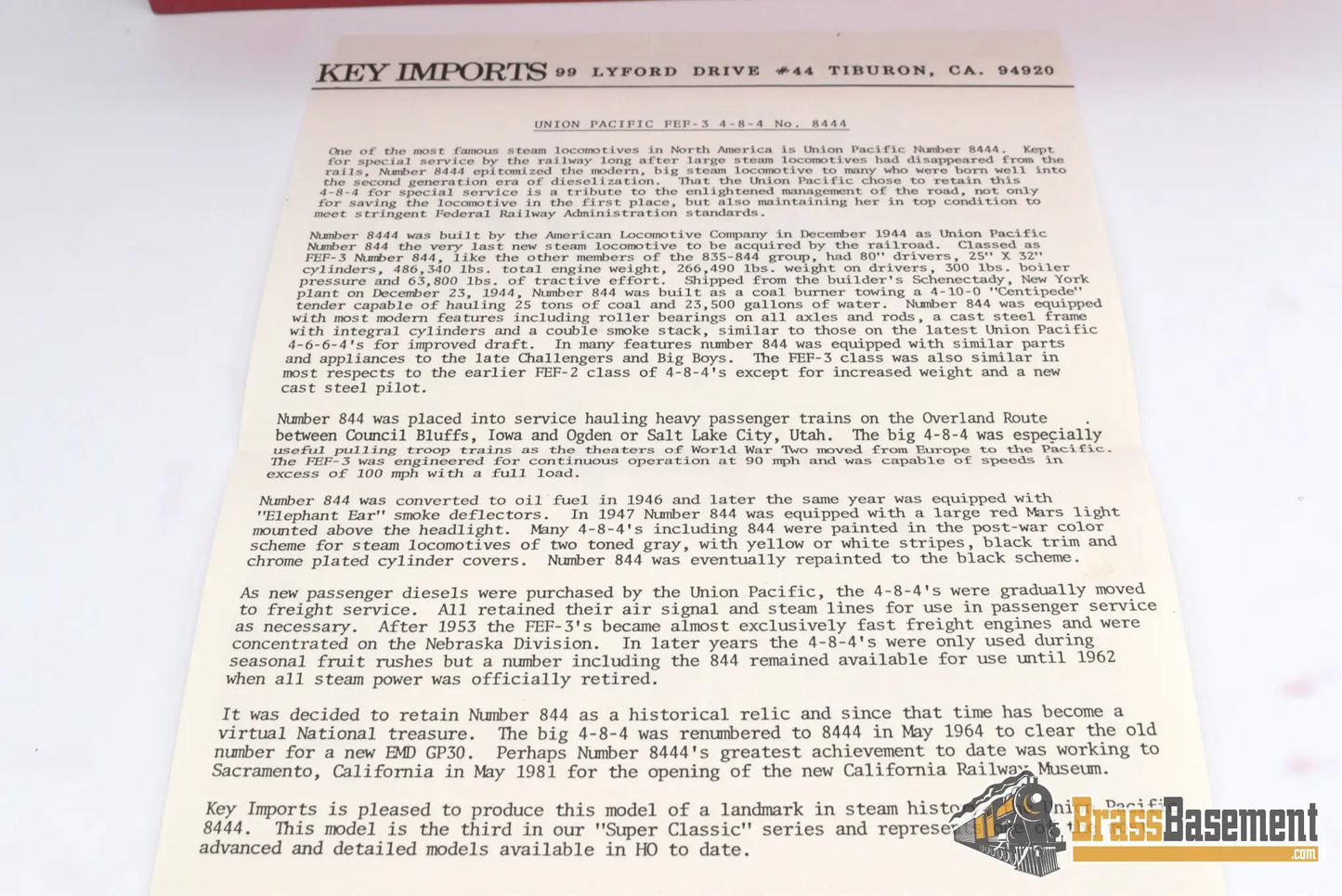 Ho Brass - Key Imports Up 8444 Fef - 3 4 - 8 - 4 C/S #14 Excellent Steam