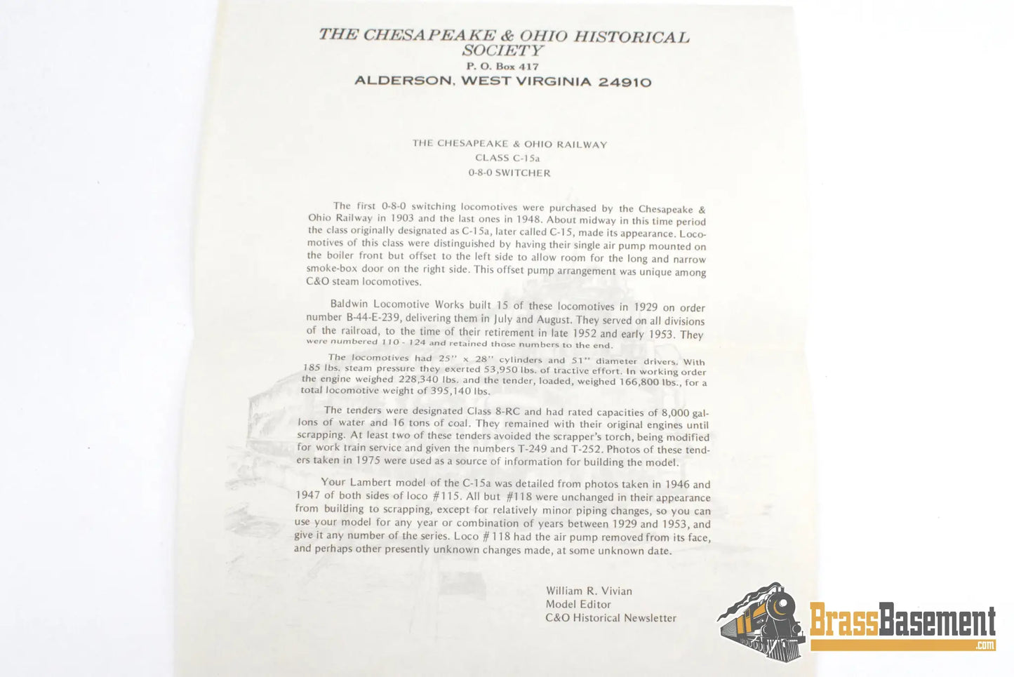 HO Brass - Lambert Chesapeake & Ohio C&O 0-8-0 #115 C/P Weathered - PLATINUM Series Steam