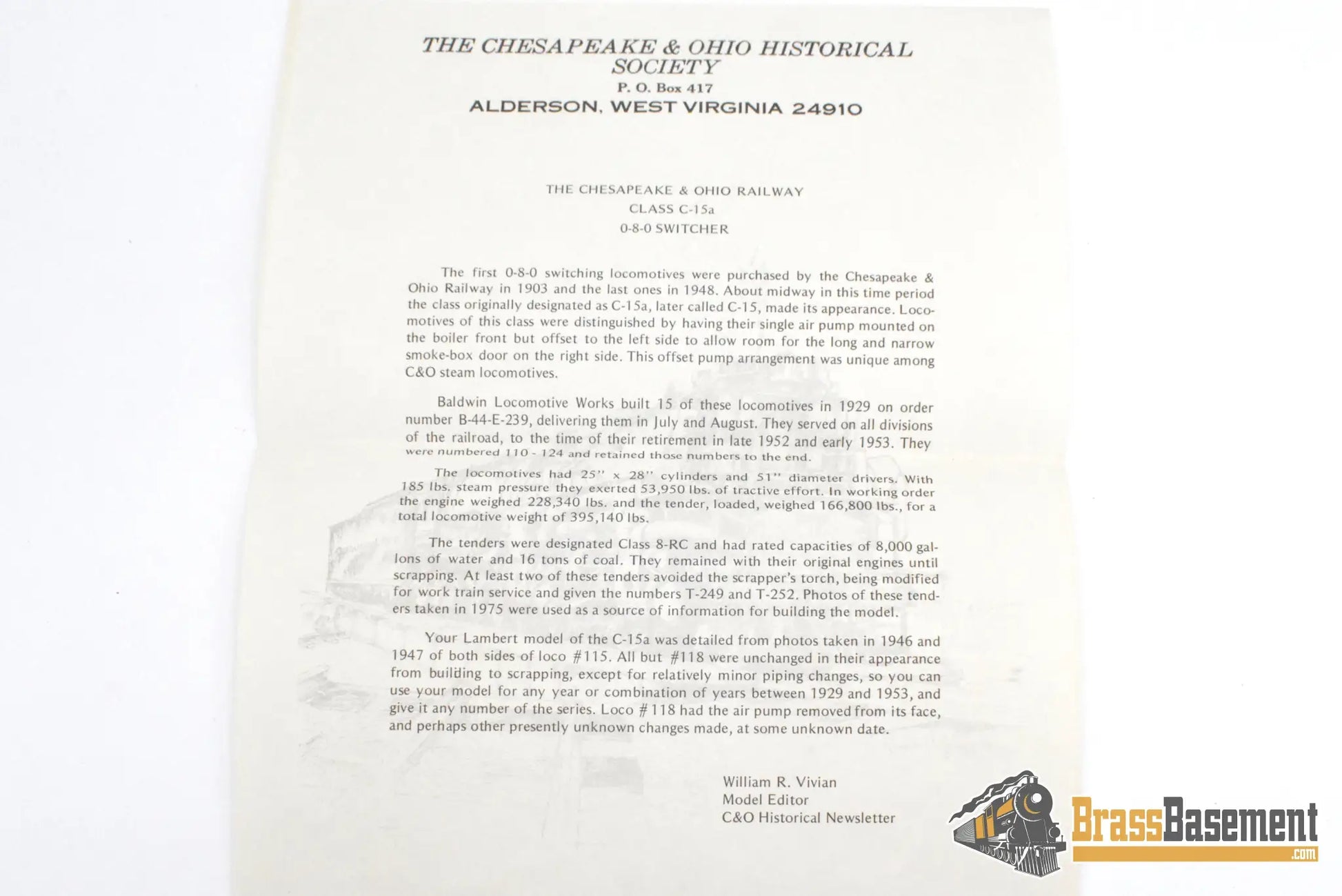 HO Brass - Lambert Chesapeake & Ohio C&O 0-8-0 #115 C/P Weathered - PLATINUM Series Steam