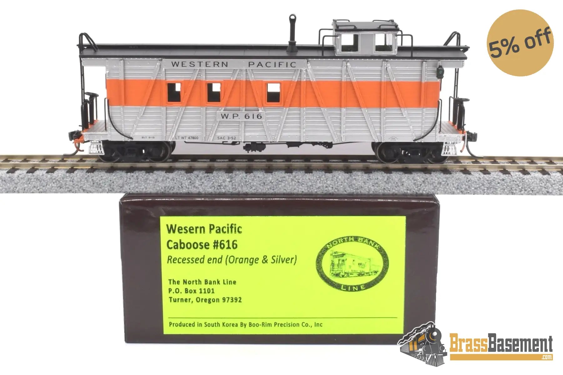 Ho Brass - North Bank Line Nbl Western Pacific Wp Caboose #616 Fp Orange/Silver Recessed End