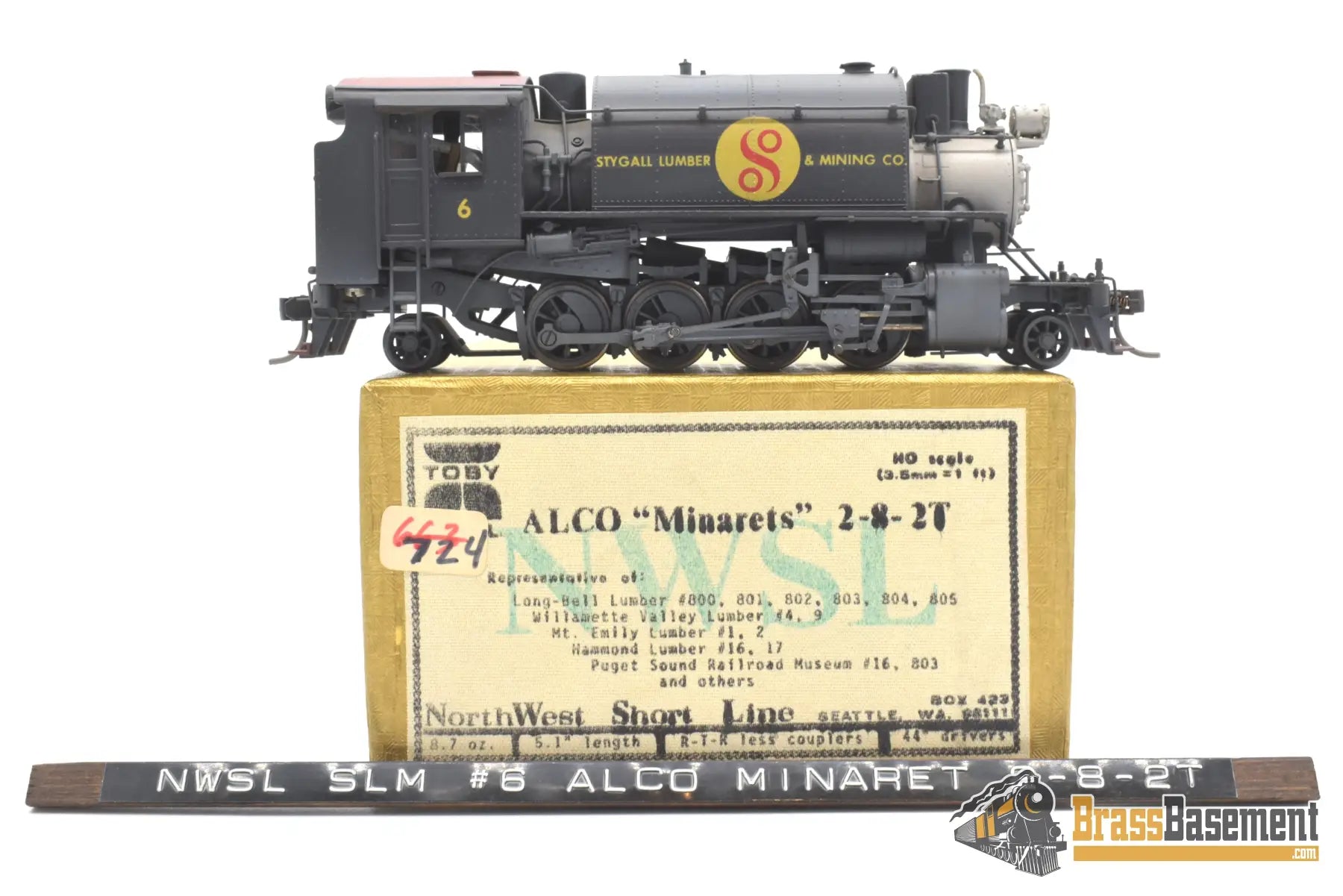 Ho Brass - Nwsl Alco Minarets 2 - 8 - 2T Logger Stygall Lumber & Mining Co. Toby Built Steam