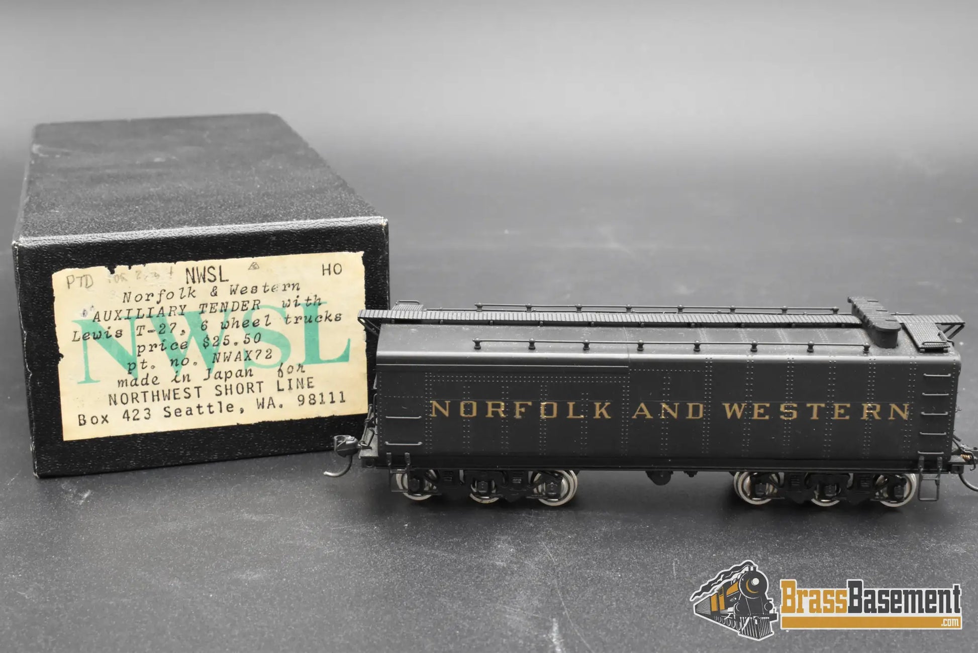 HO Brass – NWSL NWAX72 N&W Auxiliary Tender w/ Lewis T-27 Trucks – Painted Black – Japan – Mint Freight