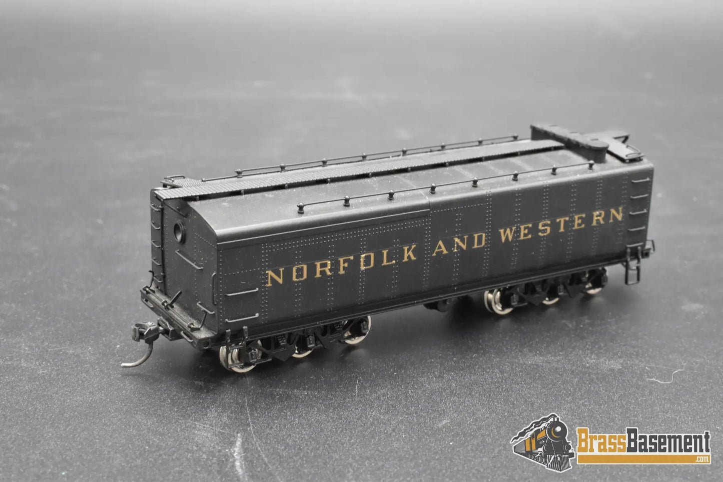 HO Brass – NWSL NWAX72 N&W Auxiliary Tender w/ Lewis T-27 Trucks – Painted Black – Japan – Mint Freight