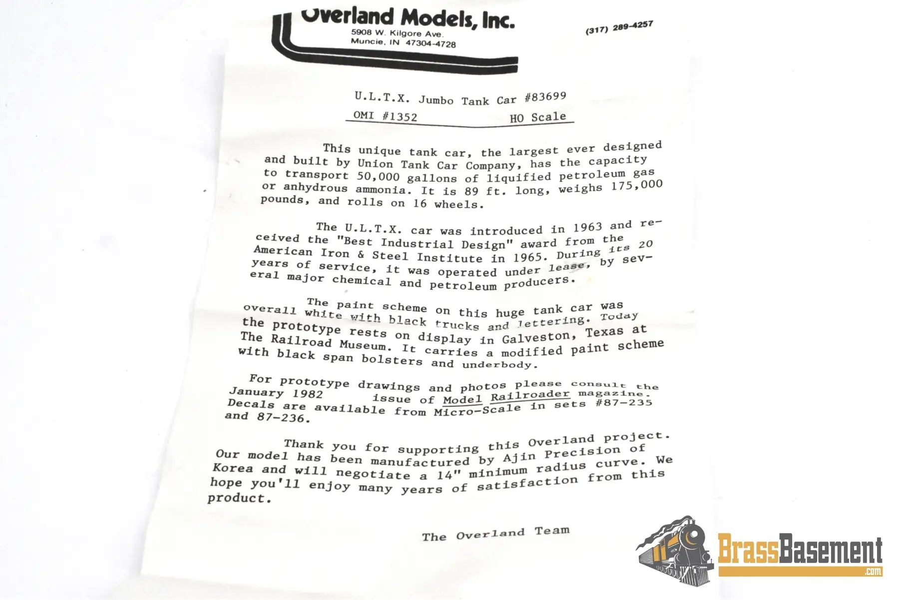 HO Brass – OMI 1352 UTLX Union Tank Car 89’ Jumbo Tank Car – Shell Plastics – Yellow Freight