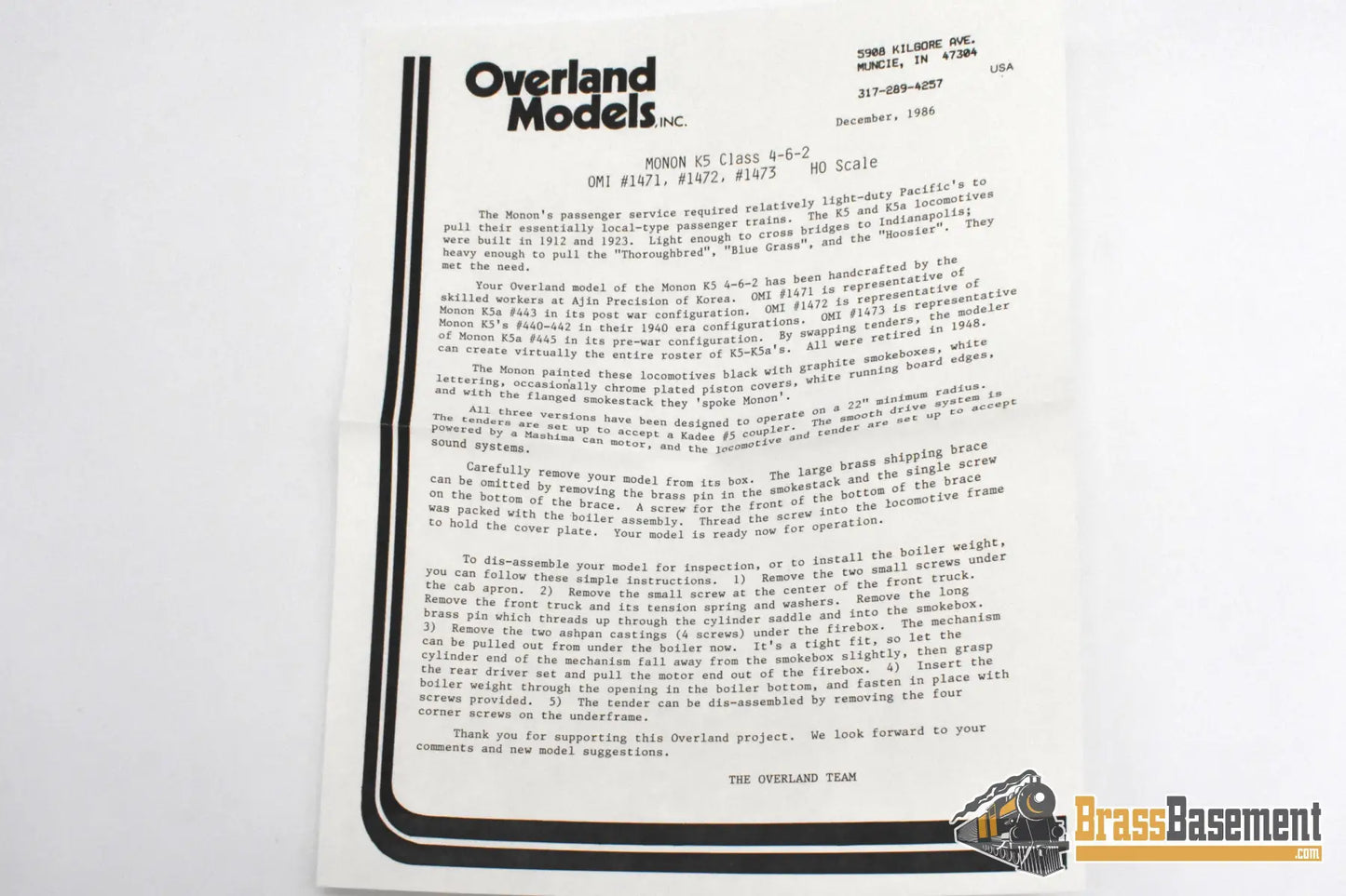 HO Brass - OMI 1473 Monon K-5a 4-6-2 Post-War - NEW