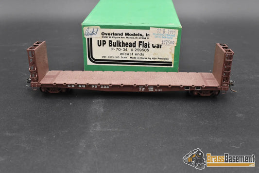 HO Brass – OMI 3023 UP Bulkhead Flat Car F-70-34 #259505 – CB&Q 95233 – Painted – Ajin – Mint Freight