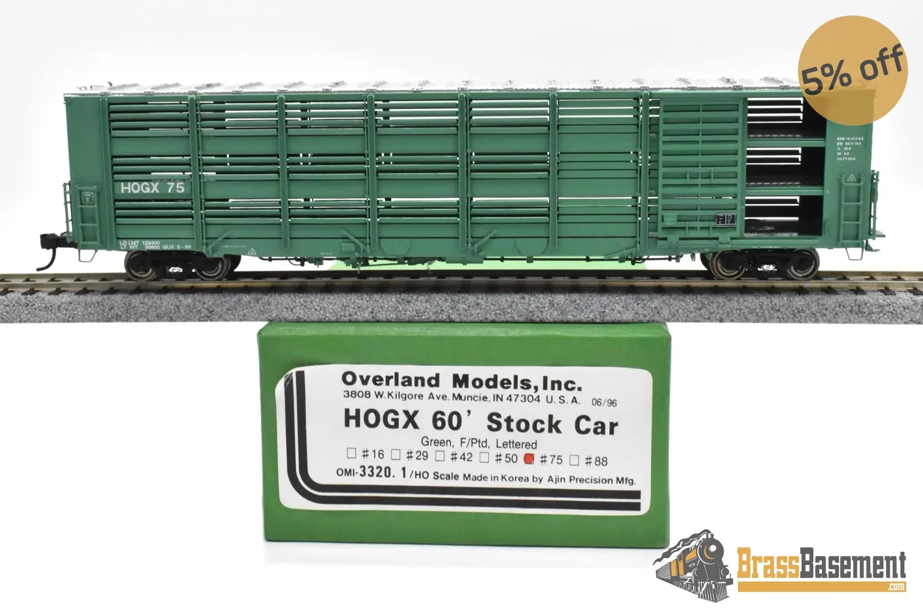 HO Brass - OMI 3320.1 Overland HOGX Stock Car 60’ - F/P Green #75 Freight