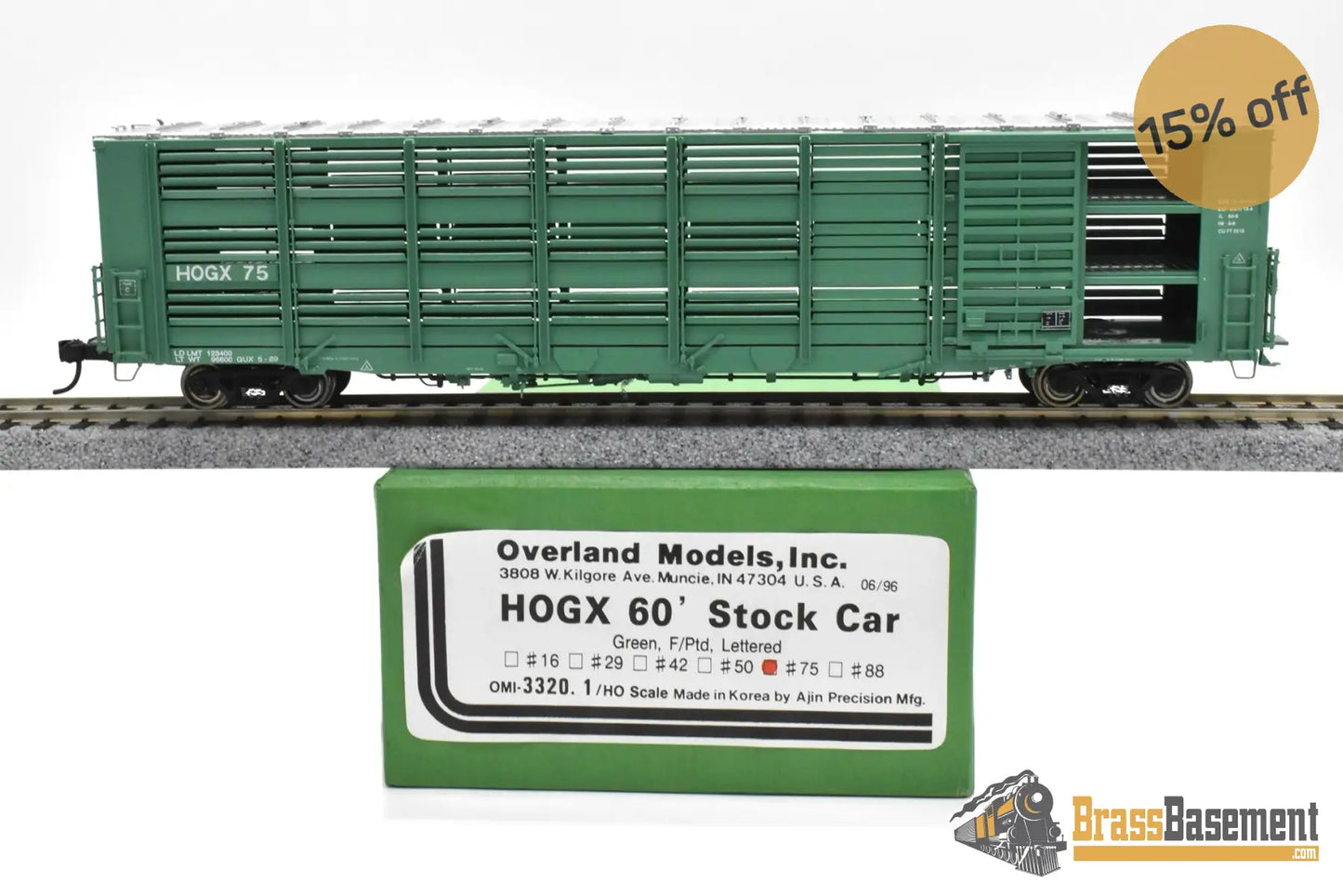 HO Brass - OMI 3320.1 Overland HOGX Stock Car 60’ - F/P Green #75 Freight