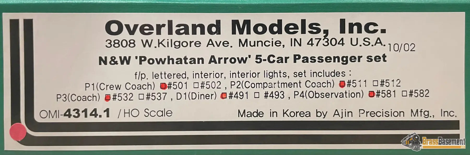 Ho Brass - Omi 4314.1 N&W Norfolk & Western ’Powhatan Arrow’ 5 Car Passenger Set F/P Full