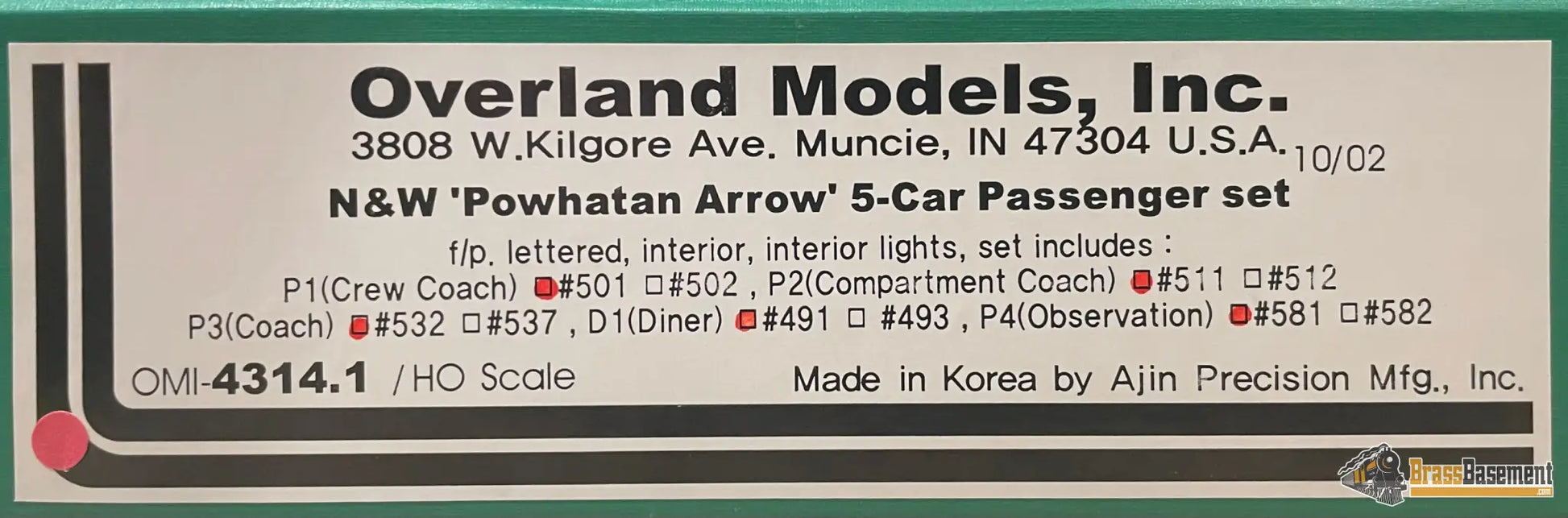 Ho Brass - Omi 4314.1 N&W Norfolk & Western ’Powhatan Arrow’ 5 Car Passenger Set F/P Full