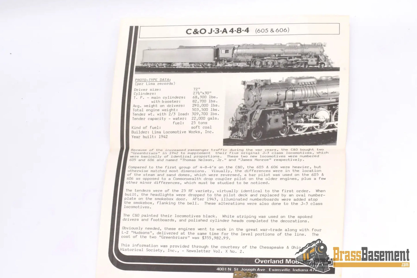 Ho Brass - Omi C&O Chesapeake & Ohio J - 3A 4 - 8 - 4 Custom Paint Steam