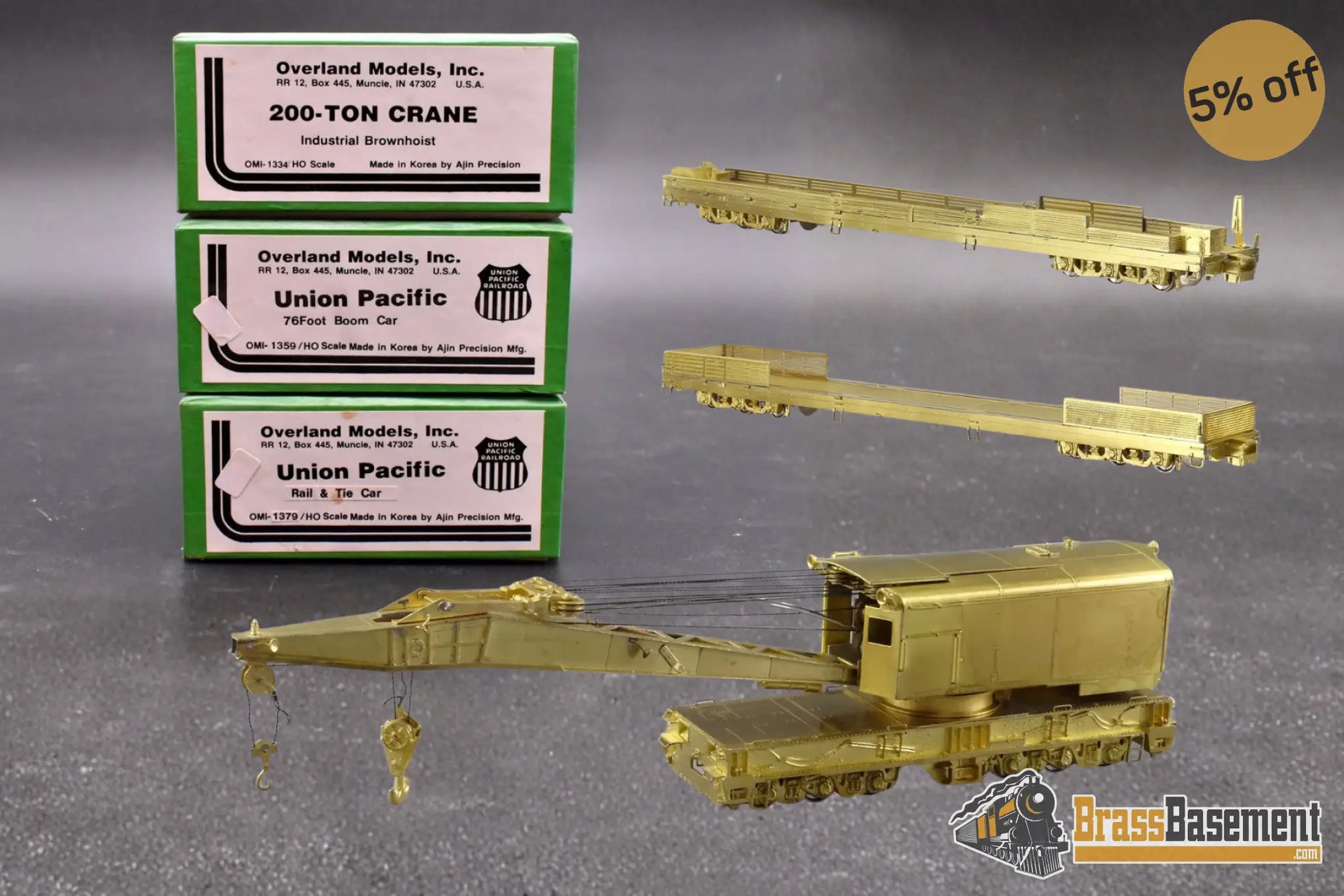 HO Brass - OMI Union Pacific UP Industrial Brownhoist - Boom Flat Car - Rail & Tie Flat - Unpainted Freight