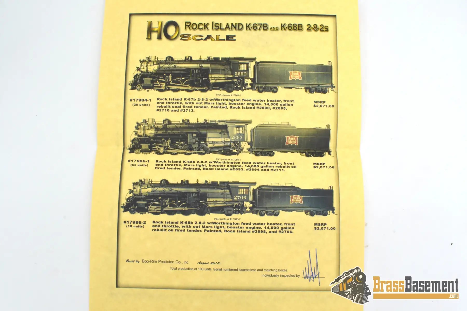 Ho Brass - Psc 17986.1 Rock Island Crip K-68B 2-8-2 Mikado #2711 W Mars Light & Oil Tender Boo-Rim