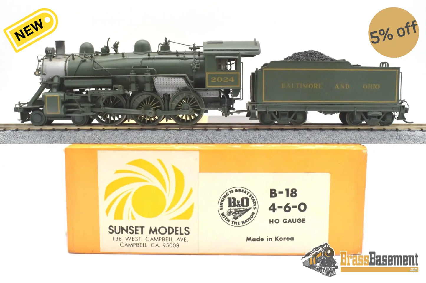 Ho Brass - Sunset B&O Baltimore & Ohio B-18 4-6-0 #2024 Custom Painted Green Steam