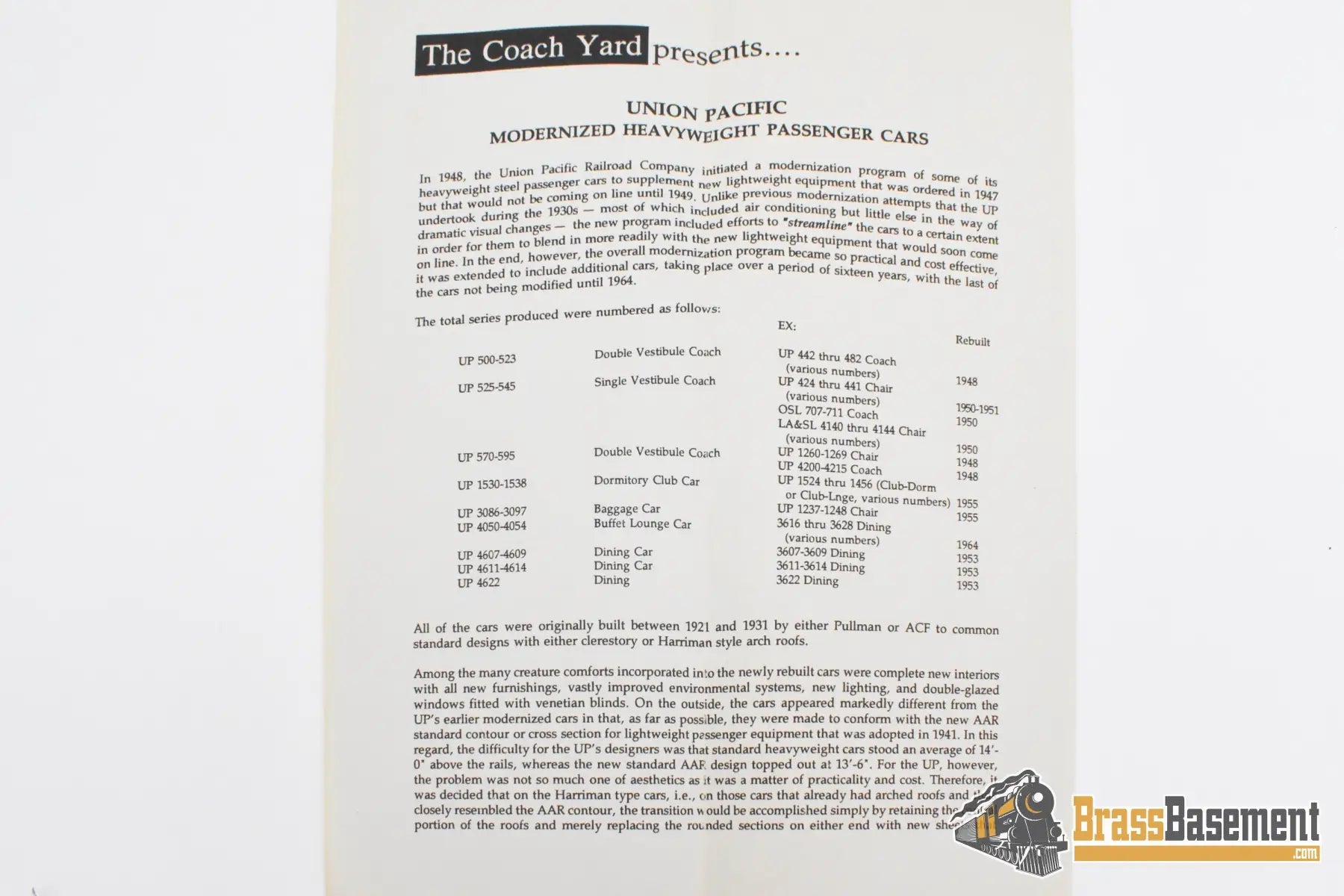 HO Brass - TCY 1305 Union Pacific Harriman Modern Baggage #3086-97 - Unpainted Passenger