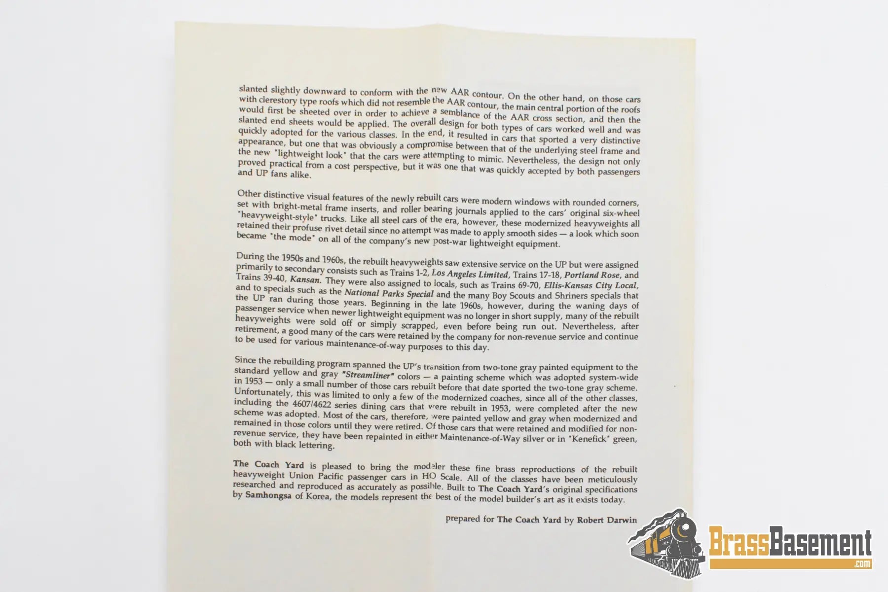 HO Brass - TCY 1305 Union Pacific Harriman Modern Baggage #3086-97 - Unpainted Passenger