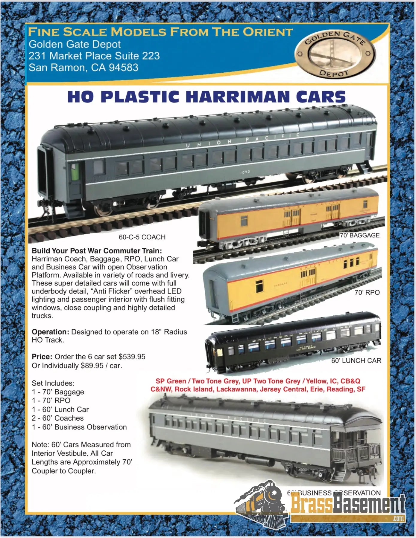 Ho Plastic - Golden Gate Depot Union Pacific Up Harriman Passenger Car Set 8 Pack Yellow