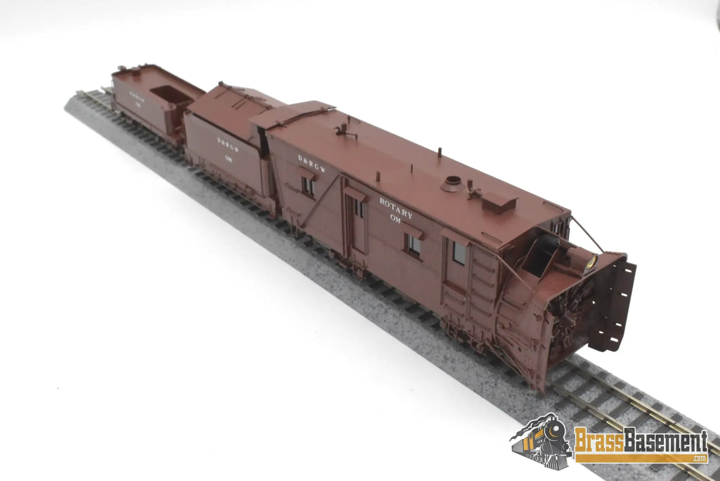 HOn3 Brass - OMI 1355.1 DRGW Rio Grande Rotary Snow Plow ‘OM’ w/ aux tender - F/P Boxcar Red Freight