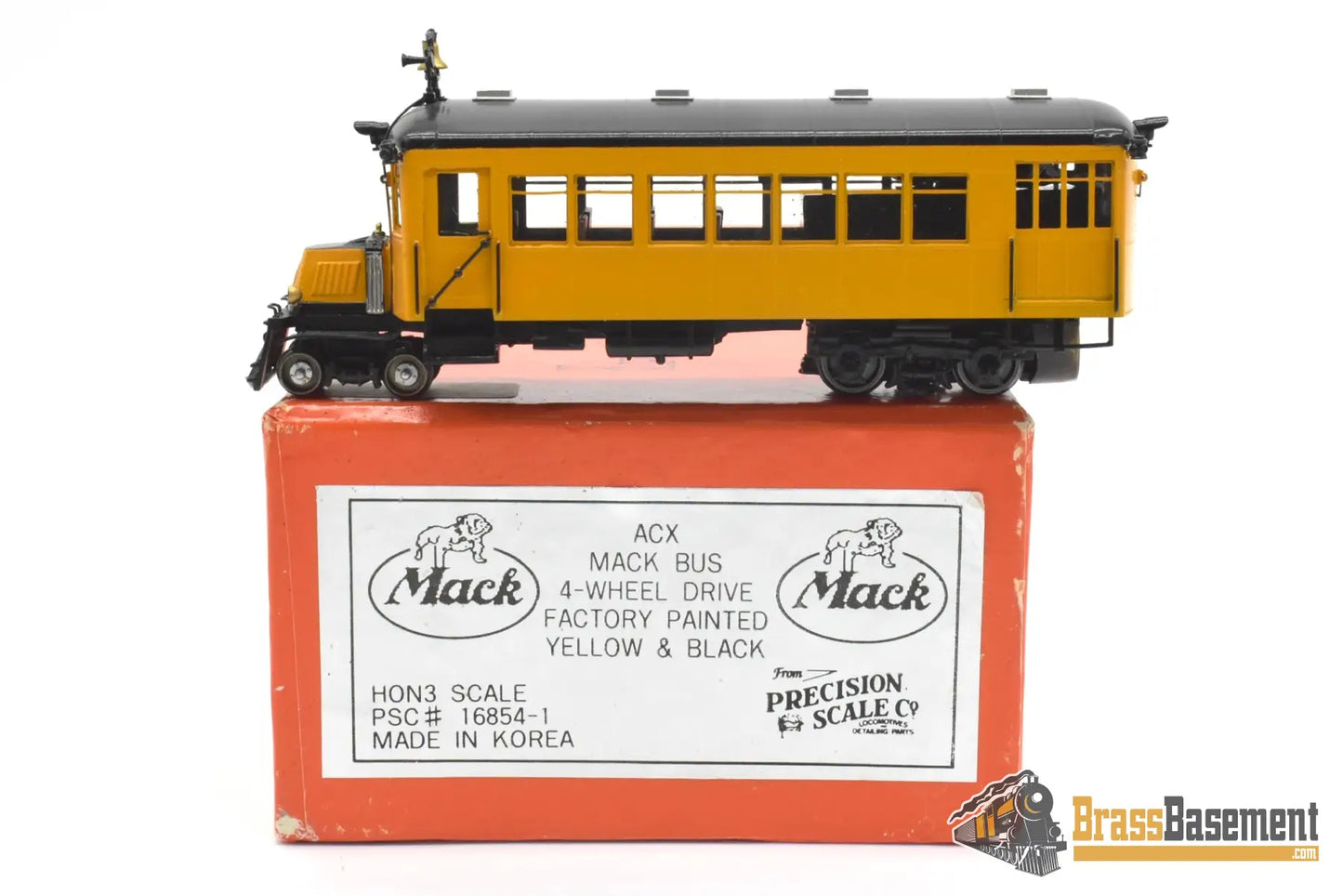 HOn3 Brass - PSC 16854-1 Mack Rail Bus Type ACX w/ Interior - F/P Black & Yellow Passenger